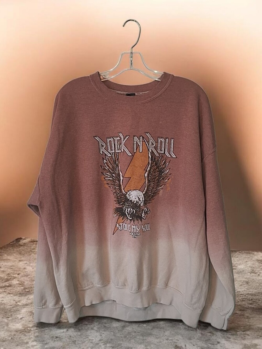 Sweet Claire Womens Vintage Style Rock N Roll Eagle Crewneck - Mauve Ombre
